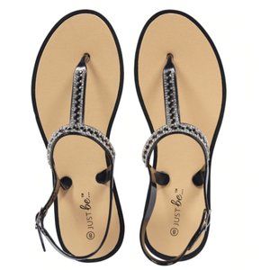 Just Be… Black Jeweled T-Strap Sandals  - Size 8